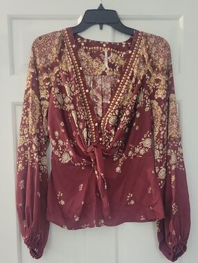 Free People Floral Faux Tie-Front Button Women's Blouse NWOT SMALL